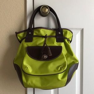 Lancel Nylon Canvas Leather Trim Bucket Tote Bag